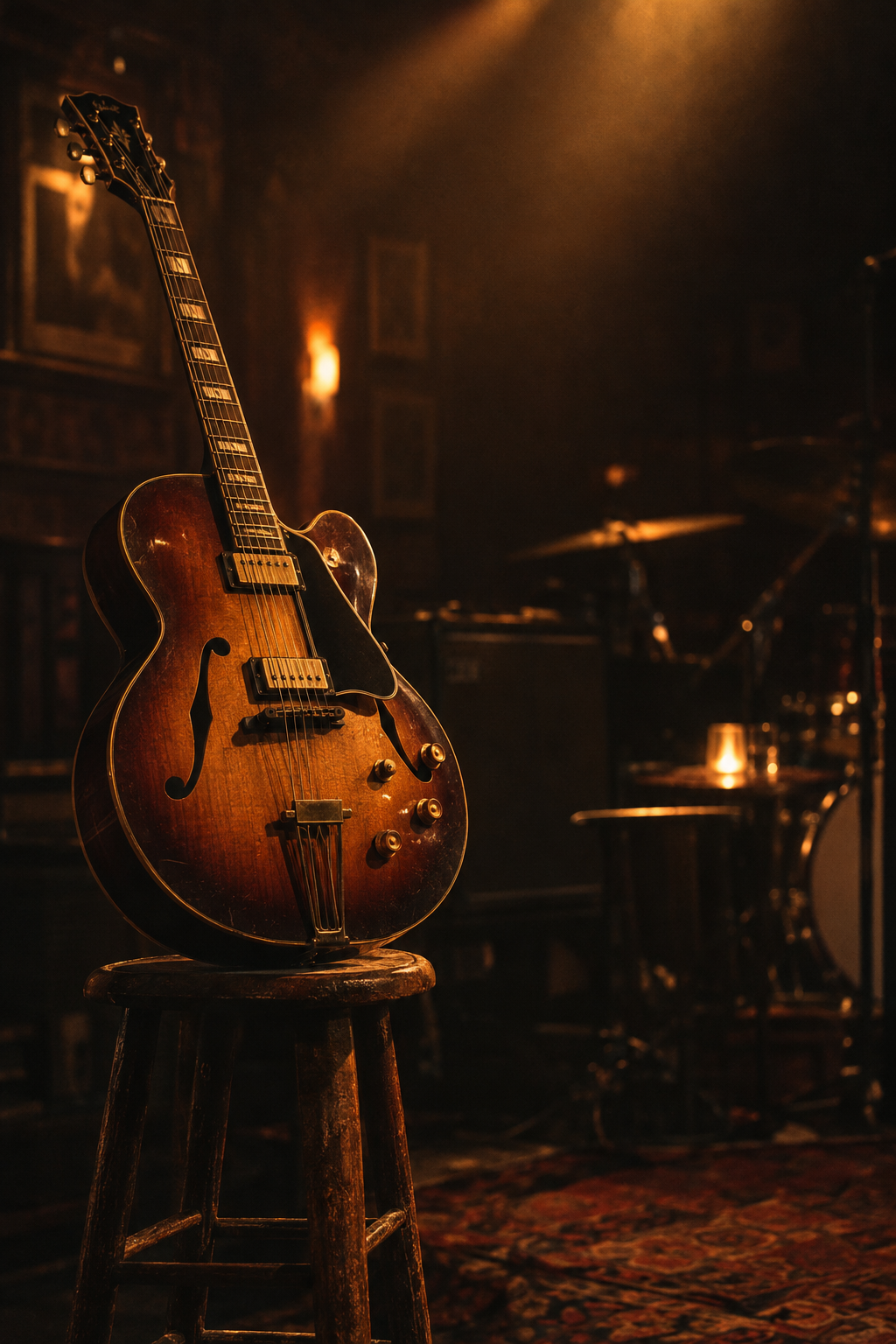 A vintage hollow-body electric guitar on a stool under warm stage light