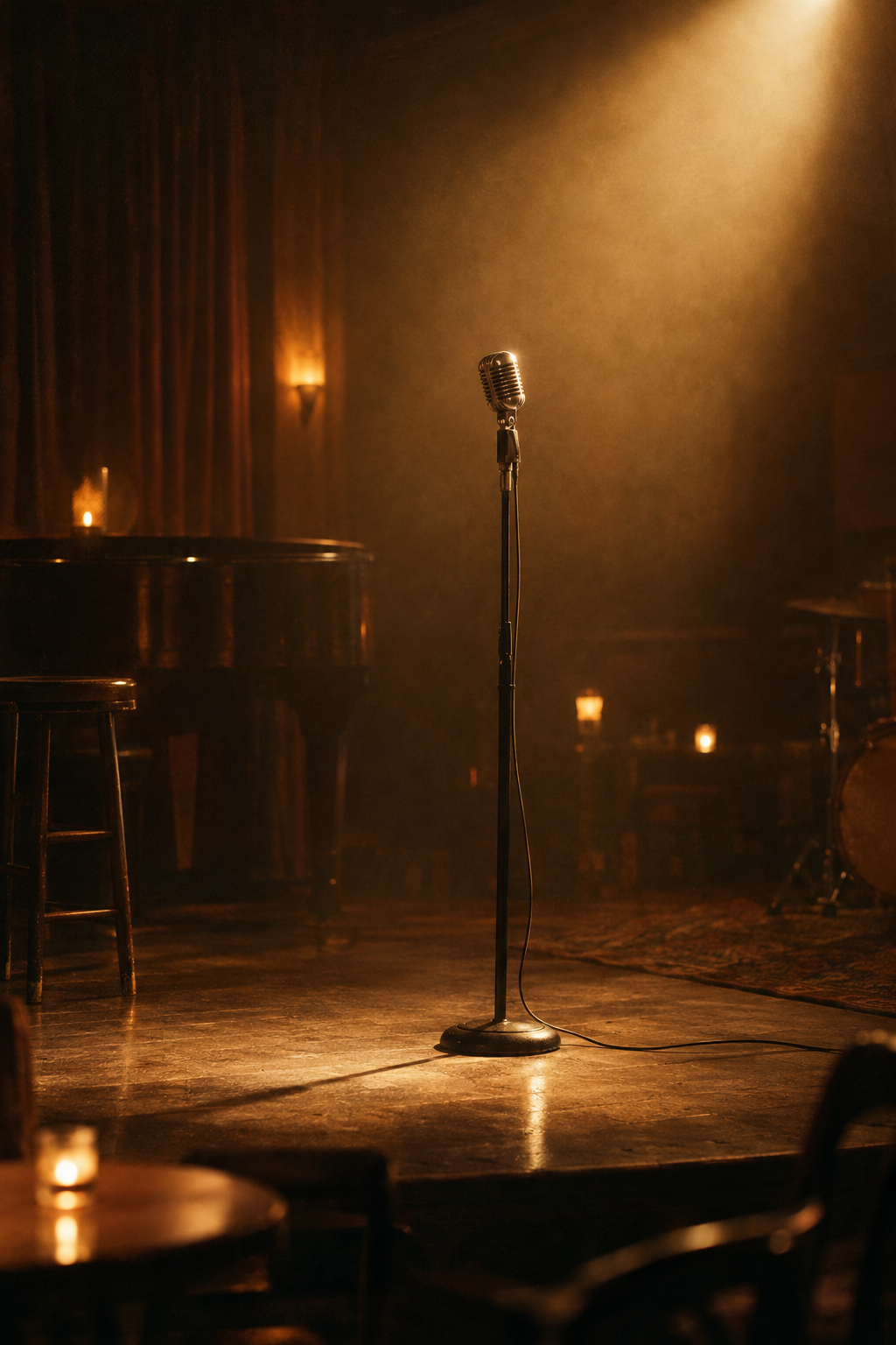 A vintage microphone under a warm spotlight on an empty club stage